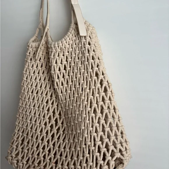 Beige Macramé Tote Bag with Leather Straps - Picture 5 of 5